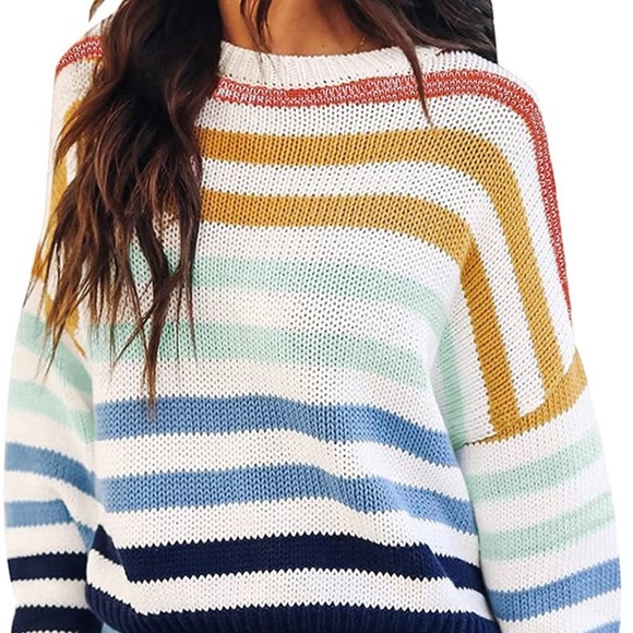 ZESICA Women's Long Sleeve Crew Neck Striped Color Block Casual Loose Knitted - Picture 2 of 4